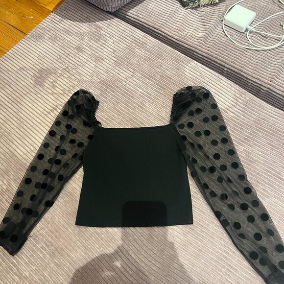ZARA Combination Polka Dot Sheer Sleeve Knit Crop Black Ribbed Top | Size L - Picture 6 of 6
